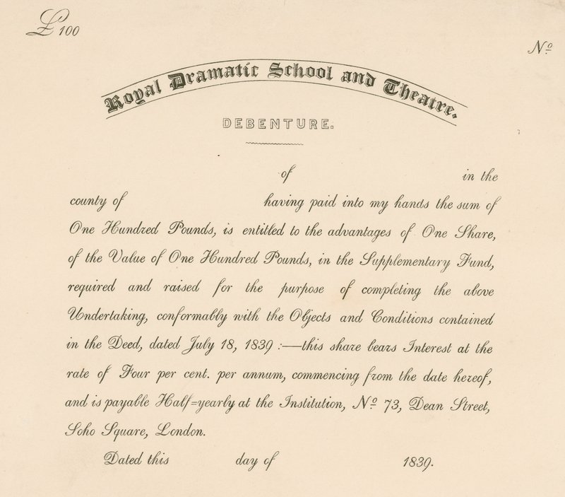 Debenture for the Royal Dramatic School and Theatre, 73 Dean Street, Soho Square, London by English School