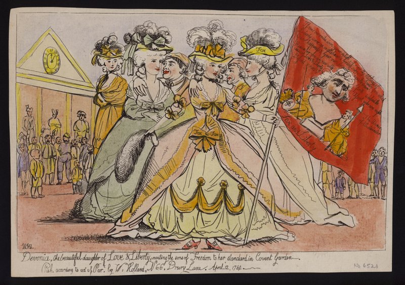 Devonia, the beautiful daughter of love & liberty, inviting the sons of freedom to her standard in Covent Garden: political satire on the Duchess of Devonshire