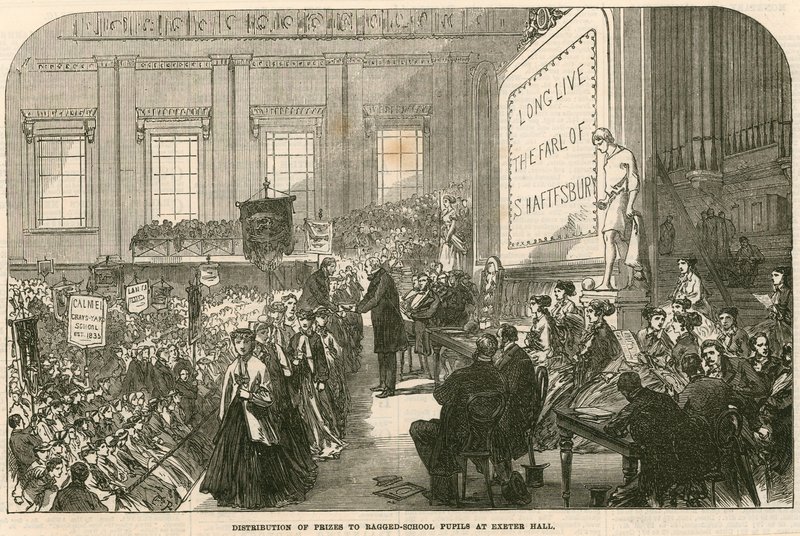 Distribution of Prizes to Ragged-School Pupils at Exeter Hall, Strand, London by English School