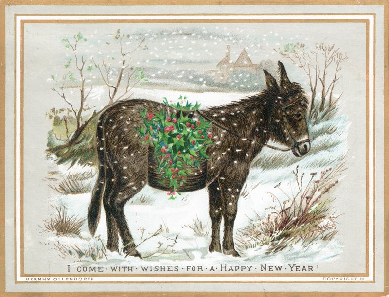 Donkey Carrying Holly in the Snow by English School