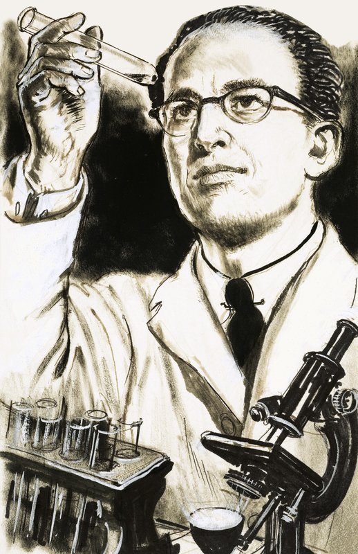 Dr Jonas Salk, Creator of the Polio Vaccine, Looks at a Test Tube by English School
