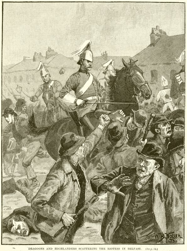 Dragoons and Highlanders scattering the Rioters in Belfast by English School