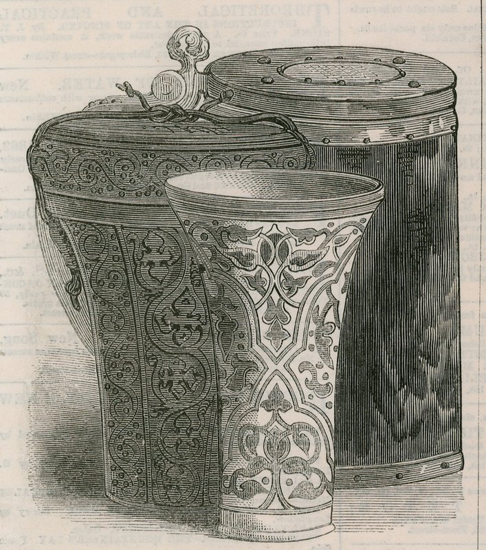 Drinking vessels: The Luck of Eden Hall, with leather case for same, and a peg tankard of wood by English School