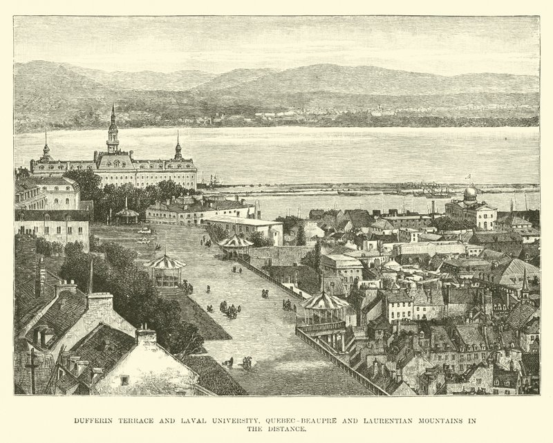 Dufferin Terrace and Laval University, Quebec-Beaupre and Laurentian Mountains in the distance by English School