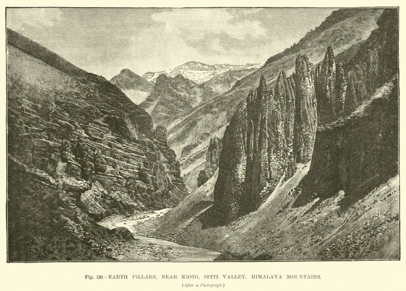 Earth pillars, near Kioto, Spiti Valley, Himalaya Mountains by English School
