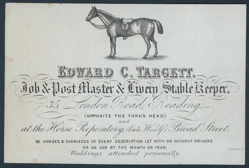 Edward C Targett, Job and Post Master and Livery Stable Keeper, Trade Card by English School