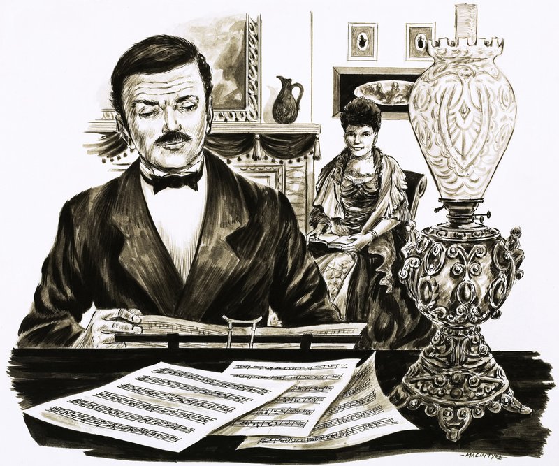 Edward Elgar at work in his living room by English School