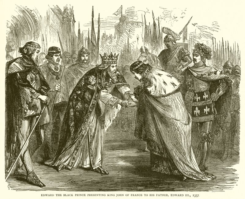 Edward the Black Prince presenting King John of France to his Father, Edward III, 1357 by English School