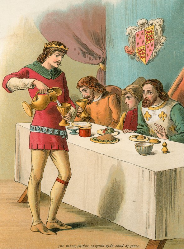 Edward, the Black Prince, serving King John at table by English School