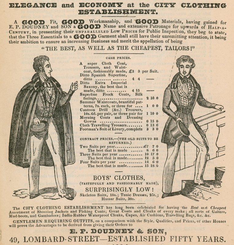 Elegance and economy at the City Clothing Establishment; E P Doudney & Son, 49 Lombard Street, London by English School