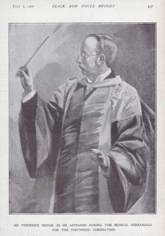 English composer, organist and conductor Sir Frederick Bridge rehearsing for the postponed coronation of King Edward VII by English School
