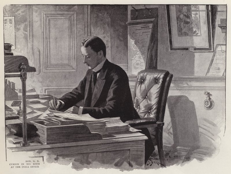 English politician George Curzon at work in his office at the India Office by English School
