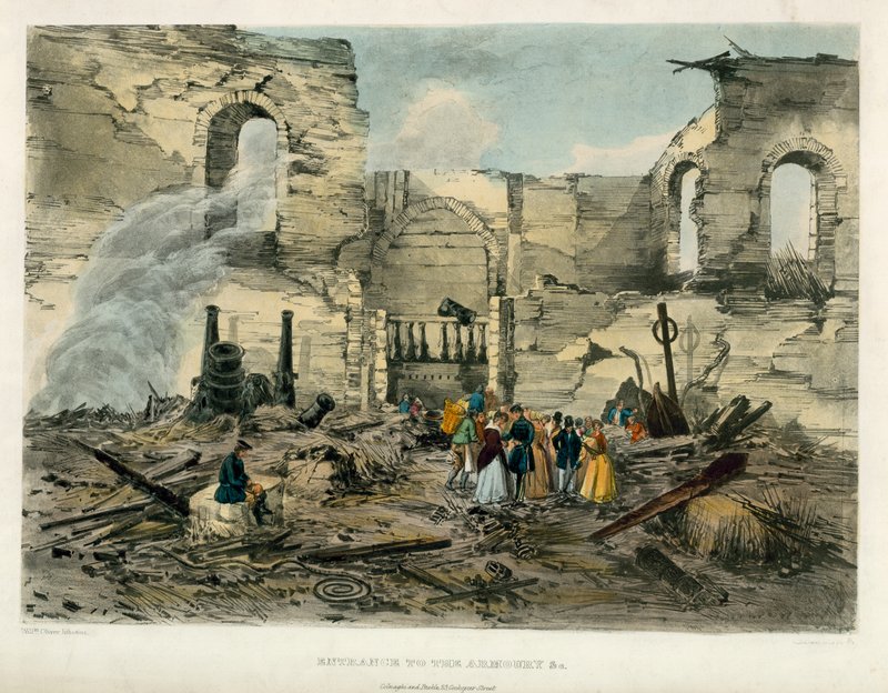 Entrance to the Armoury, Tower of London Fire, 1841 by English School