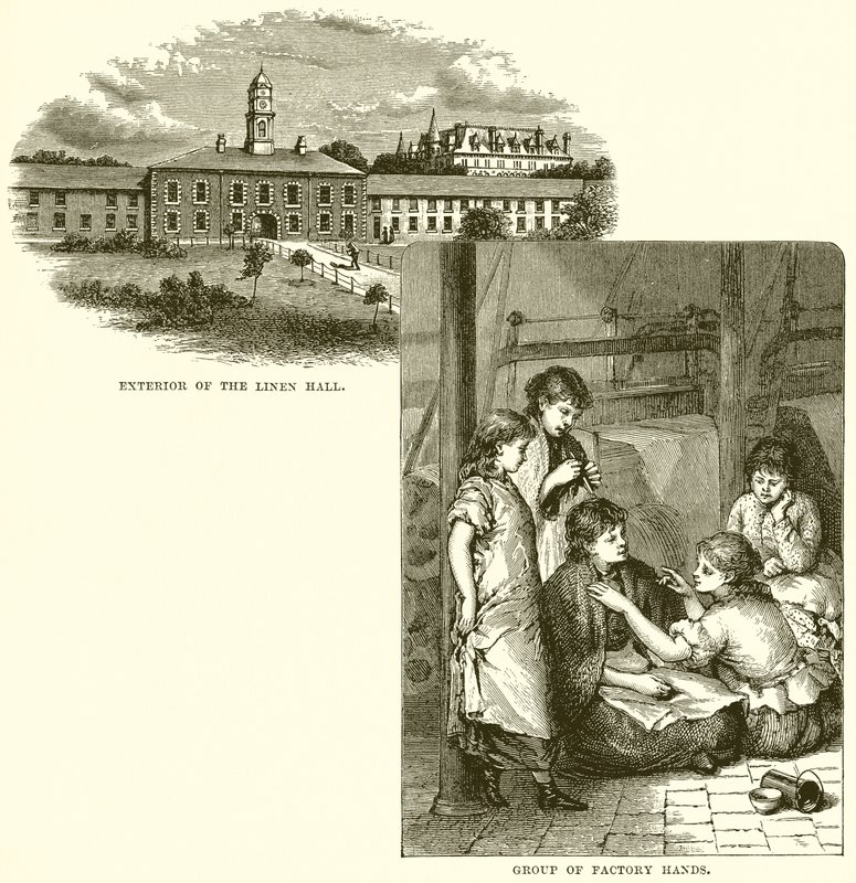 Exterior of the Linen Hall. Group of Factory Hands by English School