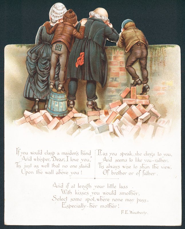 Family leaning over wall watching romantic couple by English School