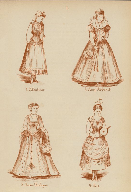 Fancy dress outfits: Alsatian, Amy Robsart, Anne Boleyn, Air by English School