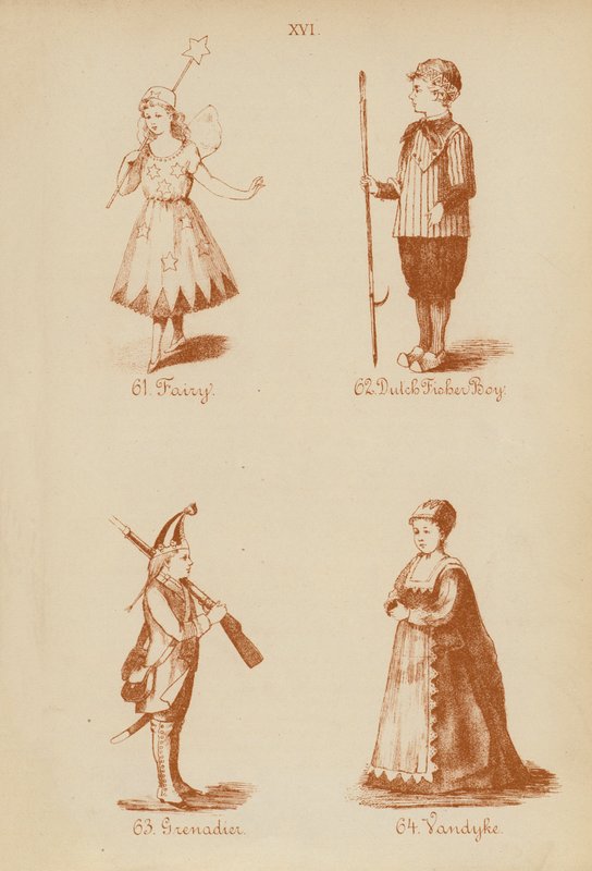 Fancy dress outfits: Fairy, Dutch Fisher Boy, Grenadier, Vandyke by English School