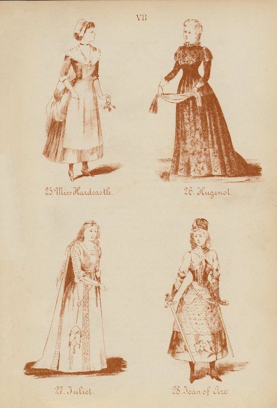 Fancy dress outfits: Miss Hardcastle, Hugenol, Juliet, Joan of Arc by English School