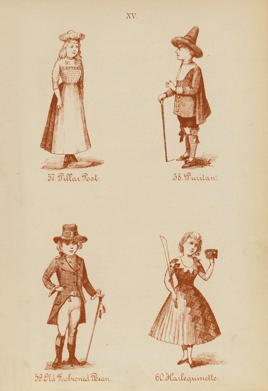 Fancy dress outfits: Pillar Post, Puritan, Old Fashioned Bean, Harlequinette by English School