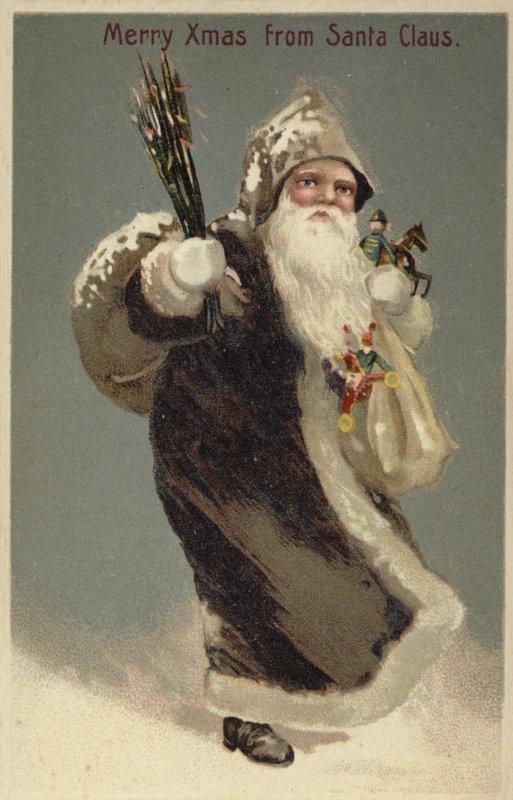Father Christmas in a Fur Coat, Carrying Presents by English School