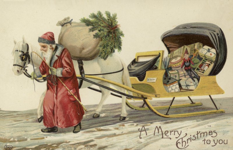 Father Christmas Pulling a Sledge of Presents by English School