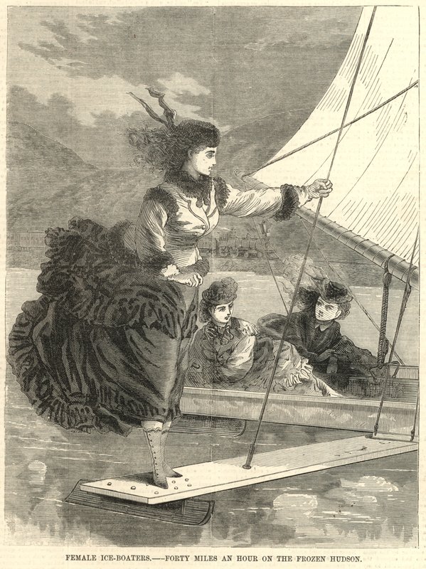 Female Ice-Boasters; Forty Miles an Hour on the Frozen Hudson by English School