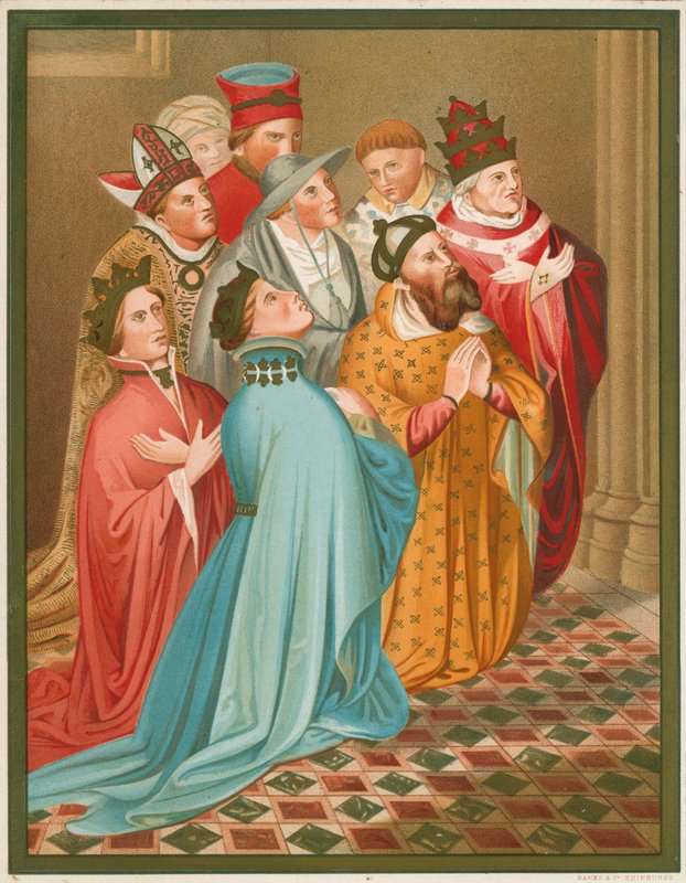 Ferdinand I, King of Aragon, His Queen, the Emperor Sigismund, and Pope Martin V by English School