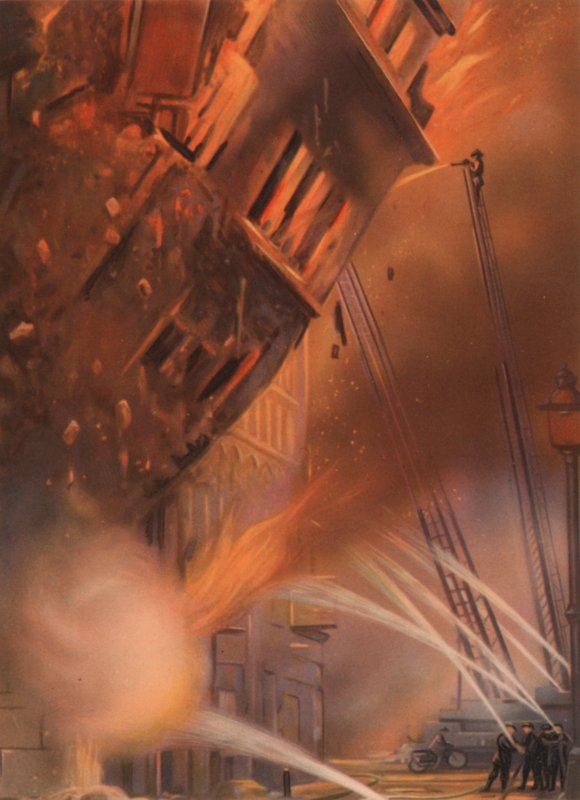 Firemen fighting a blaze during the Blitz in London, World War II by English School