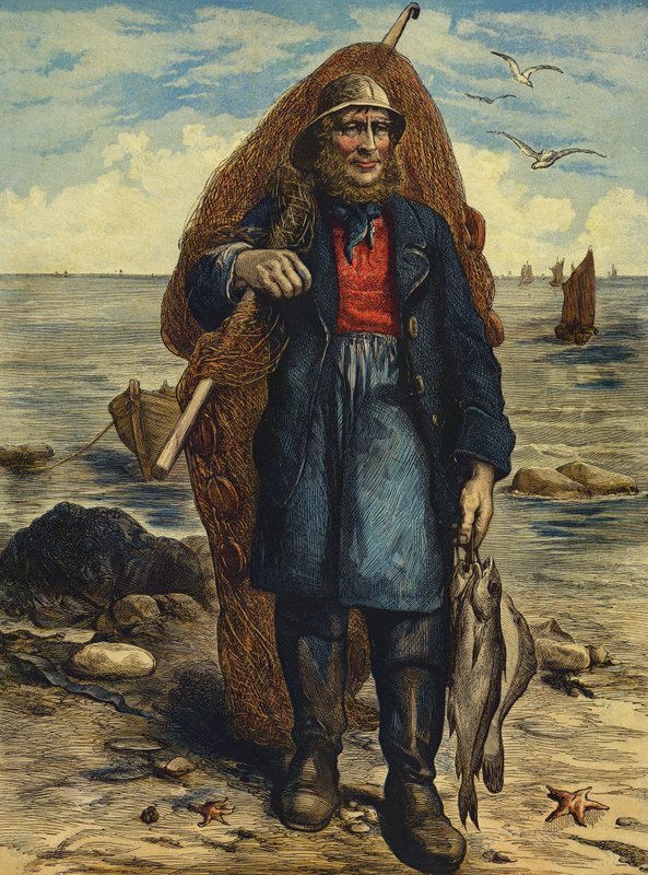 Fisherman carrying his nets, and holding his catch of fish by English School