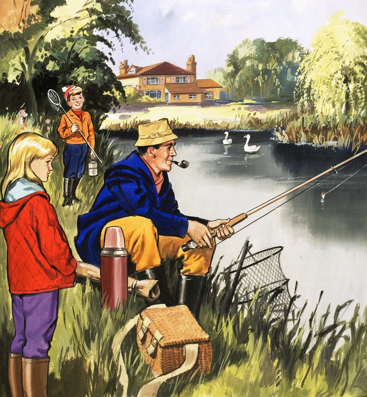 Fisherman on a Riverbank by English School