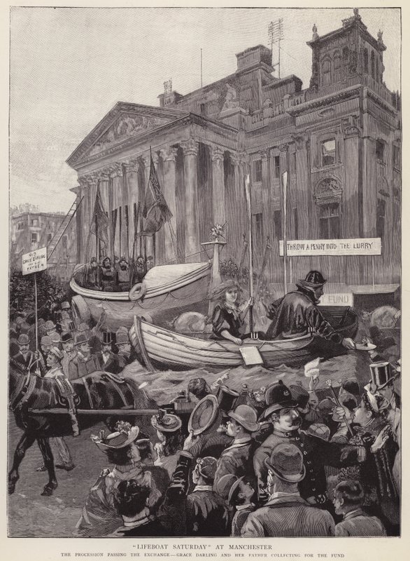 Float raising funds for the Royal National Lifeboat Institution passing the Exchange in Manchester by English School
