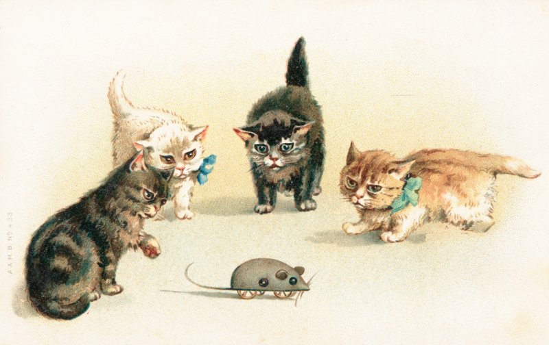 Four Kittens Playing with a Clockwork Mouse by English School