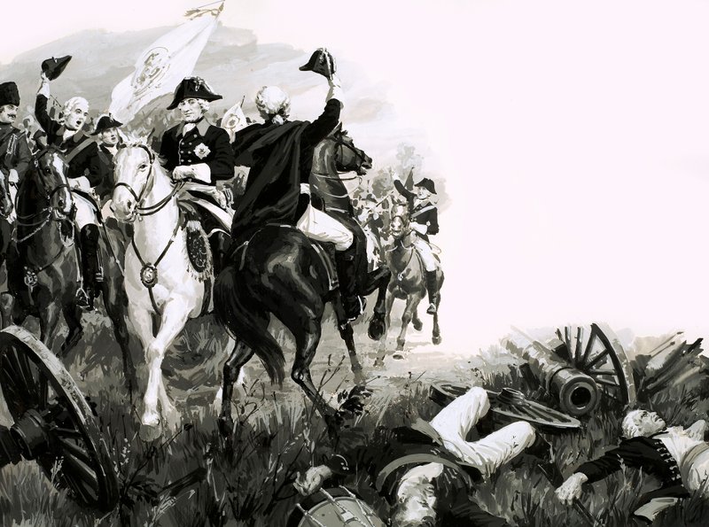 Frederick the Great, king of Prussia, with his troops in battle by English School