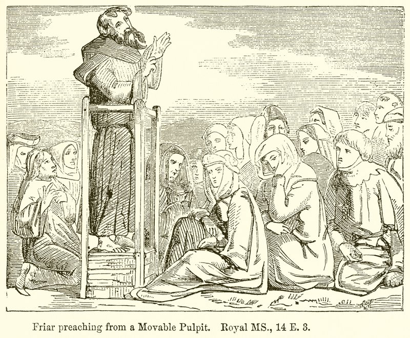 Friar Preaching from a Movable Pulpit. Royal MS., 14 E. 3 by English School
