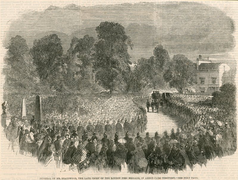 Funeral of Mr Braidwood, the late chief of the London Fire Brigade, in Abney Park Cemetery, London by English School