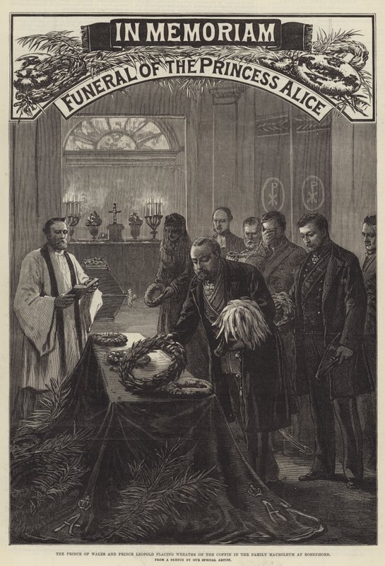 Funeral of the Princess Alice, the Prince of Wales and Prince Leopold placing Wreaths on the Coffin in the Family Mausoleum at Rosenhohe by English School