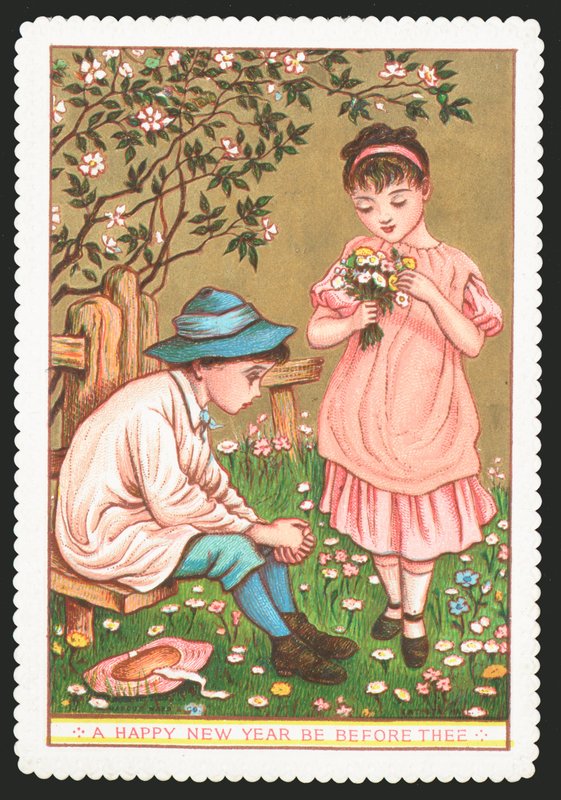 Girl with flowers talking to boy sitting down by English School