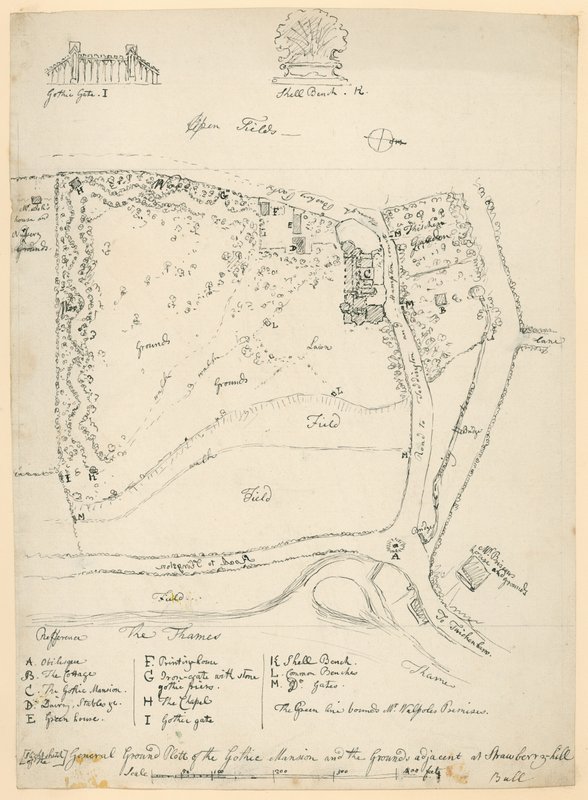 General ground plan of the gothic mansion and the grounds adjacent at Strawberry Hill, Twickenham, London by English School