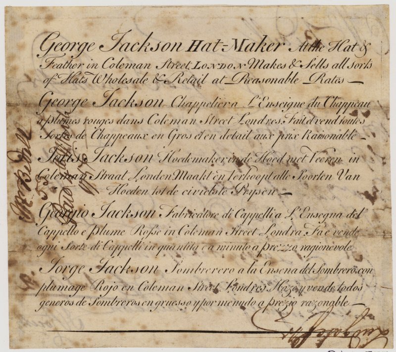 George Jackson, Hat Maker, Coleman Street, London by English School