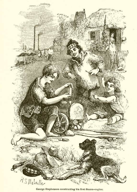 George Stephenson Constructing His First Steam-Engine by English School