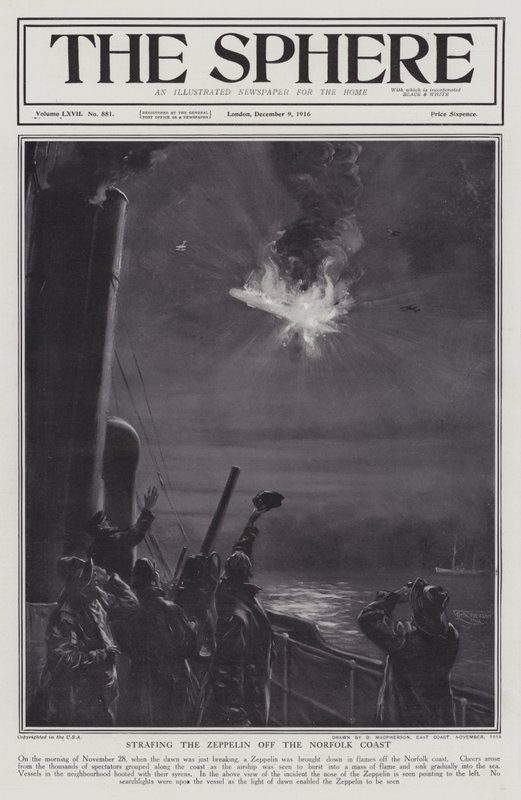 German Zeppelin airship shot down in flames off the coast of Norfolk, World War I, 28 November 1916 by English School