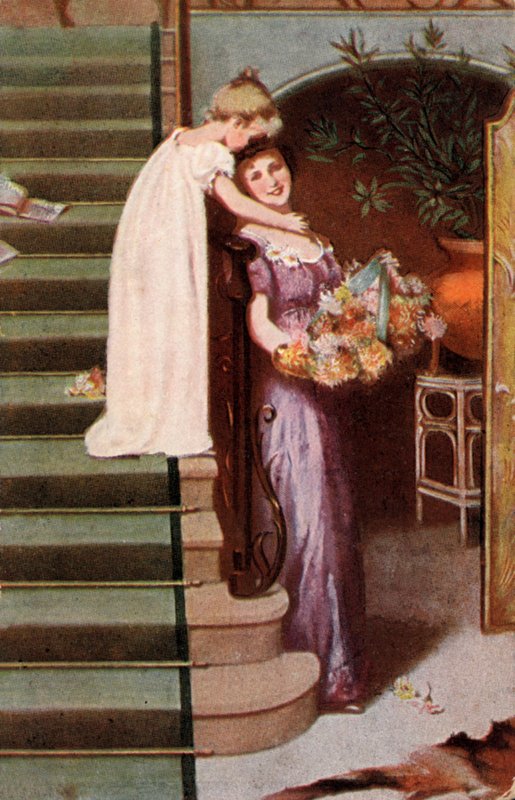 Girl embracing mother by English School