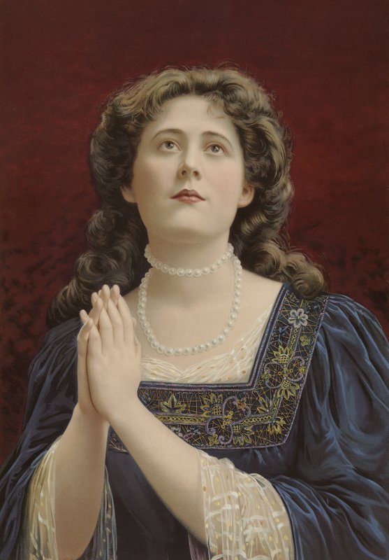 Girl in Blue Dress, Wearing Pearls, Hands Clasped by English School