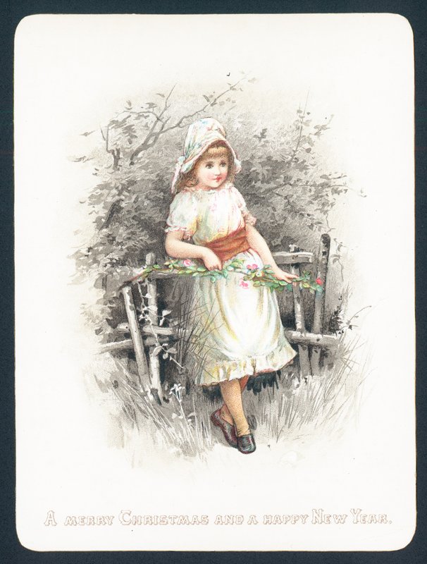 Girl leaning on fence holding spray of flowers by English School