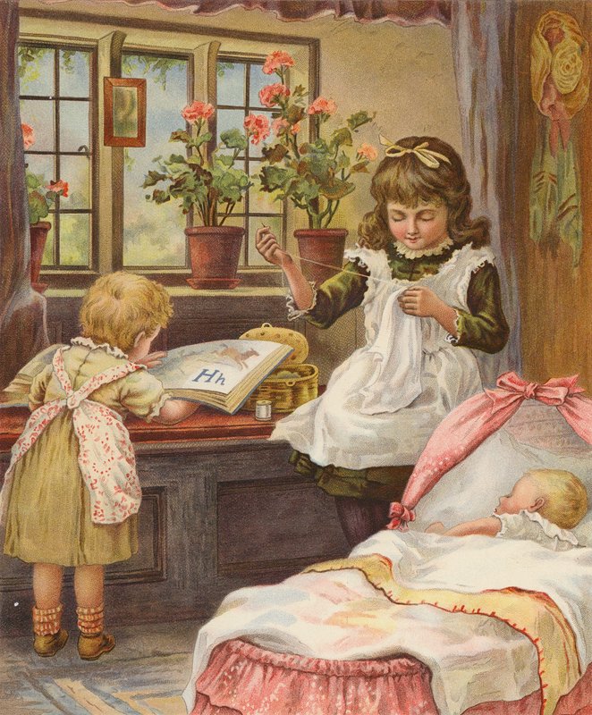 Girl looking after her younger siblings by English School