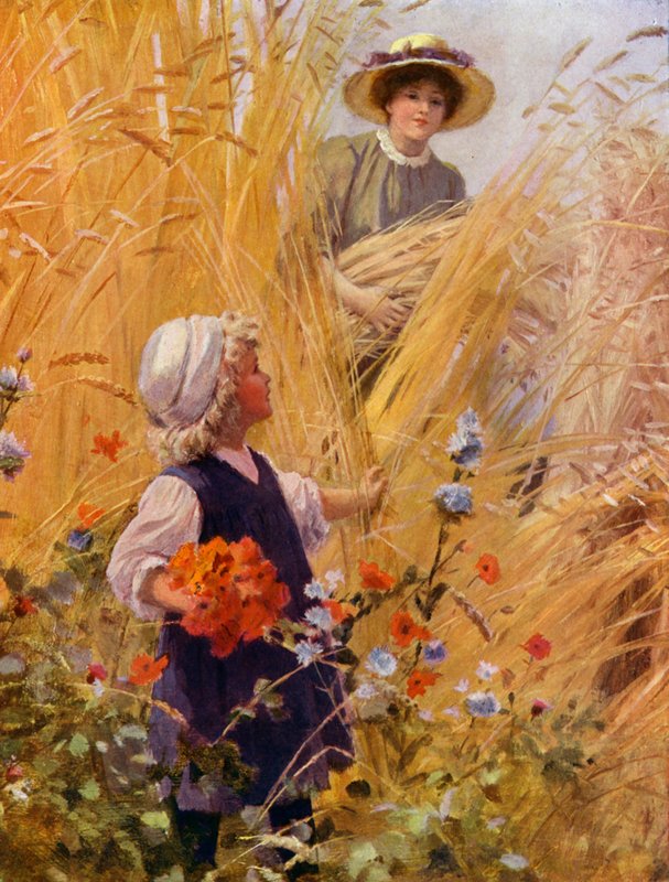 Girl Picking Poppies in a Cornfield as a Woman Gathers in the Harvest by English School
