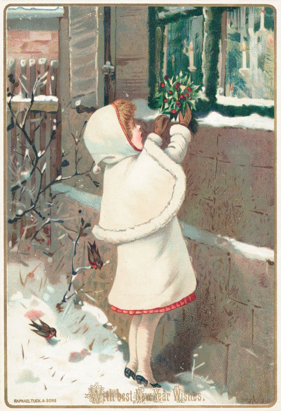 Girl placing holly on window ledge by English School