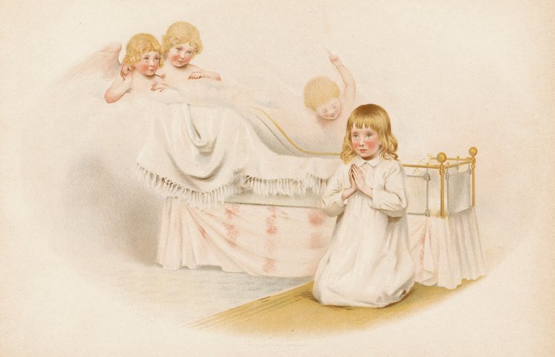 Girl praying by her bed by English School