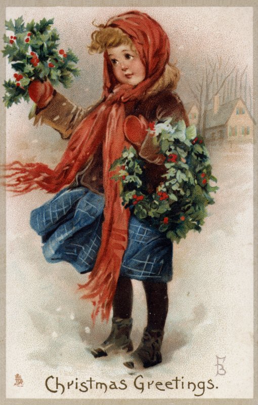 Girl selling holly and Christmas wreaths by English School