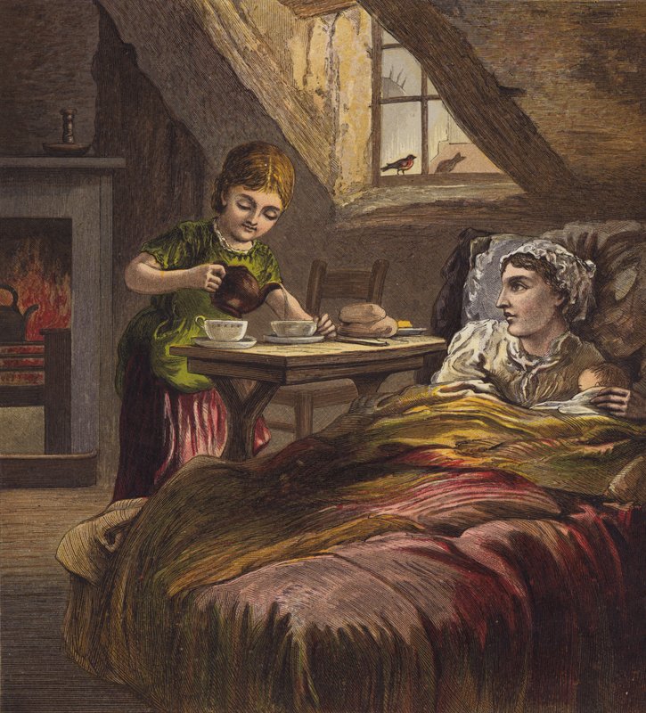 Girl Serving Tea to Her Sick Mother, in Bed with a Baby by English School